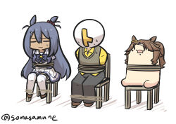 ._. 1boy 2girls absurdres anger_vein animal_ears arms_behind_back black_pants blue_bow blue_hair blue_shirt bound bow breasts brown_footwear brown_hair chair closed_eyes closed_mouth collared_shirt dark-skinned_female dark_skin goma_(gomasamune) hair_between_eyes highres hishi_amazon_(umamusume) horse_ears long_hair medium_breasts mejiro_palmer_(umamusume) multicolored_hair multiple_girls on_chair open_mouth pants parted_bangs pleated_skirt ponytail puffy_short_sleeves puffy_sleeves school_uniform shadow shirt shoes short_sleeves simple_background sitting skirt streaked_hair sweat t-head_trainer_(umamusume) thighhighs tied_up_(nonsexual) tracen_school_uniform trainer_(umamusume) umamusume very_long_hair white_background white_hair white_skirt white_thighhighs yellow_shirt
