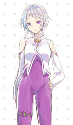 bare_shoulders bodysuit cowboy_shot elf fortuna_(re:zero) hair_ornament hairclip hand_on_own_hip highres pointy_ears purple_bodysuit purple_eyes re:zero_kara_hajimeru_isekai_seikatsu short_hair simple_background smile standing white_hair
