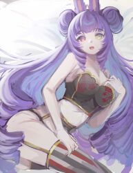 1girl :o animal_ears bare_hips bare_shoulders blunt_bangs breasts double_bun from_above garter_straps hair_bun heterochromia highres indie_virtual_youtuber lingerie long_hair looking_at_viewer lying maddie_(vtuber) medium_breasts midriff mythxhu on_bed on_side pale_skin pastel_colors purple_hair rabbit_ears rabbit_girl red_eyes ringlets striped_clothes striped_thighhighs thighhighs underwear upper_body very_long_hair virtual_youtuber yellow_eyes