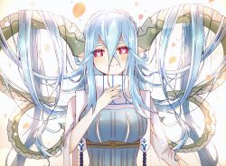 1girl blue_hair blue_nails blush breasts butterfly-shaped_pupils commentary_request crossed_bangs curled_horns fate/grand_order fate/grand_order_arcade fate_(series) hair_between_eyes hand_up high_collar highres horns large_breasts larva_tiamat_(fate) tiamat_(third_ascension)_(fate/grand_order_arcade) long_hair long_horns nail_polish pink_eyes pointy_ears smile solo straight-on symbol-shaped_pupils tiamat_(fate) upper_body very_long_hair x_x yaruco_(freedumco)