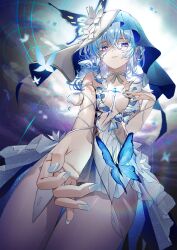 Rule 34 | 1girl, absurdres, armlet, bare shoulders, blue butterfly, blue hair, blue nails, blue veil, breasts, bug, butterfly, collarbone, colored eyelashes, commentary, cowboy shot, dress, hair between eyes, hand on own chest, highres, insect, jelmul, jewelry, large breasts, long hair, looking at viewer, nail polish, parted lips, purple eyes, reaching, reaching towards viewer, sleeveless, sleeveless dress, solo, tearing up, shorekeeper (wuthering waves), two-tone veil, veil, white dress, white veil, wuthering waves