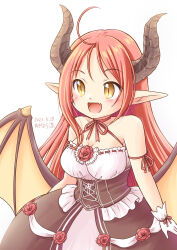 Rule 34 | 1girl, ahoge, akihara ryou, artist name, breasts, corset, dated, dragon girl, dragon horns, dragon tail, dragon wings, dress, elf, frilled dress, frills, gloves, highres, horns, iris mysteria!, large breasts, open mouth, oppai loli, pointy ears, red hair, sharon oliva, smile, tail, white background, white gloves, wings, yellow eyes