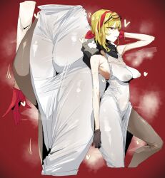 1girl ass bare_shoulders black_gloves blonde_hair covered_erect_nipples dress eyewear_on_head gloves hololive hololive_indonesia kaela_kovalskia kaela_kovalskia_(1st_costume) leebo_(leeboxxx) long_hair multiple_views pointy_breasts red_eyes red_gloves solo sunglasses sweat virtual_youtuber white_dress