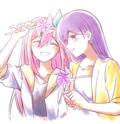 Rule 34 | 2girls, aubrey (faraway) (omori), aubrey (omori), bailan1130, black eyes, blue hairband, blush, bright pupils, closed eyes, collarbone, crop top, hairband, highres, holding, holding pinwheel, jacket, long hair, mari (faraway) (omori), mari (omori), multiple girls, omori, open mouth, pinwheel, purple hair, short sleeves, simple background, smile, white background, white jacket, white pupils