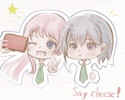 2girls absurdres bang_dream! bang_dream!_it&#039;s_mygo!!!!! blush chibi chihaya_anon commentary fang green_necktie grey_eyes grey_hair highres long_hair multiple_girls necktie one_eye_closed open_mouth outline pink_hair salted_butter_m selfie short_hair star_(symbol) takamatsu_tomori v white_outline