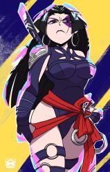 absurdres blue_leotard energy_blade halter_leotard halterneck highleg highleg_leotard highres holding holding_sword holding_weapon leotard marvel marvel_rivals non-web_source psylocke purple_leotard red_sash sash superhero_costume sword waist_sash weapon x-men