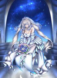 Rule 34 | 1girl, absurdres, bare shoulders, blue eyes, blue flower, blush, bouquet, breasts, bridal veil, bride, church, collarbone, dress, elbow gloves, fate/grand order, fate (series), flower, full body, gloves, grey hair, high heels, highres, holding, holding bouquet, indoors, kachihokori satake, large breasts, long hair, looking at viewer, marie antoinette (fate), shoes, sky, smile, solo, stairs, standing, star (sky), starry sky, strapless, strapless dress, tiara, tuxedo, twintails, veil, very long hair, wedding dress, white dress, white flower, white gloves, white shoes, window