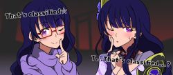 Rule 34 | 2girls, 3d background, ;), alternate costume, armor, bespectacled, black gloves, blunt bangs, blurry, blush, bow, bowtie, braid, bridal gauntlets, casual, cleavage cutout, clone, close-up, clothing cutout, commentary, depth of field, english text, engrish text, genshin impact, glasses, gloves, hair ornament, hare hare yukai, highres, imtmcomics, japanese clothes, long hair, long sleeves, looking at viewer, low-braided long hair, low-tied long hair, low ponytail, mitsudomoe (shape), multiple girls, one eye closed, parody, parted lips, ponytail, purple eyes, purple hair, purple sweater vest, raiden shogun, ranguage, shoulder armor, sidelocks, single braid, smile, suzumiya haruhi no yuuutsu, sweat, sweater, sweater vest, tomoe (symbol), turtleneck, turtleneck sweater, wide sleeves