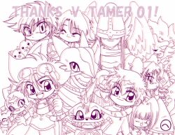 bubbmon closed_eyes demon_(digimon) digimon digimon_(creature) digimon_adventure_v-tamer_01 fujimoto_hideto gabumon gotojuki_mari happy holyangemon holyangemon_priest_mode igamon leomon looking_at_viewer mark_of_evil mochimon monochrome petitmamon saiba_neo saiba_rei sigma_(digimon) smile ulforcev-dramon yagami_taichi_(digimon_adventure_v-tamer_01)