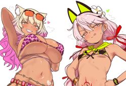 2girls absurdres animal_ears bare_shoulders bikini black_bikini blush braid breasts chloe_von_einzbern chloe_von_einzbern_(swimsuit_avenger)_(second_ascension) cleavage commentary dark-skinned_female dark_skin ebora english_commentary fake_animal_ears fate/grand_order fate_(series) fox_ears fox_girl green_bikini grin highres large_breasts leopard_print_bikini long_hair looking_at_viewer low_twin_braids multicolored_bikini multiple_girls navel pink_bikini small_breasts smile stomach_tattoo suzuka_gozen_(fate) suzuka_gozen_(swimsuit_rider)_(fate) suzuka_gozen_(swimsuit_rider)_(second_ascension)_(fate) swimsuit tan tattoo twin_braids two-tone_bikini