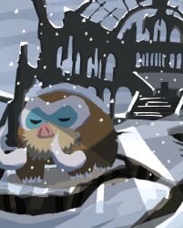 brown_fur closed_eyes commentary_request gen_4_pokemon highres mamoswine nintendo no_humans outdoors pokemon pokemon_(creature) ruins snow snowing solo stairs standing tomozo_(muginosukejr) tusks
