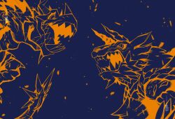 Rule 34 | blue background, body fur, debris, digimon, digimon (creature), fake horns, helmet, highres, horned helmet, horns, limited palette, monster hunter (series), open mouth, orange outline, outline, reusgreymon, ridgeone, scales, sharp teeth, slit pupils, spiked tail, spikes, tail, teeth, zinogarurumon