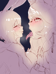 2girls absurdres after_kiss amiya_(arknights) animal_ears arknights barbed_tongue blush braid closed_eyes half-closed_eyes highres hitobashira_(1746164306) jewelry kiss_focus leopard_ears leopard_girl limited_palette long_hair long_tongue looking_at_another multiple_girls open_mouth palms_together pramanix_(arknights) rabbit_ears rabbit_girl ring short_hair size_difference sketch sweat tongue tongue_out turtleneck yuri