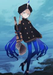 1boy androgynous astg beach black_jacket black_shoes black_turban blue_background blue_hair blue_pantyhose blunt_bangs bow brown_hair brown_shorts buttons captain_nemo_(fate) captain_nemo_(second_ascension)_(fate) conch double-breasted epaulettes expressionless fate/grand_order fate_(series) footwear_bow full_body game_cg gradient_hair green_eyes hand_up hat_feather high_collar high_heels holding horizon jacket leg_up long_hair looking_at_viewer low_twintails male_focus multicolored_hair nemo_(fate) object_request official_art overcast pantyhose pantyhose_under_shorts parted_lips seashell shell shoes short_shorts shorts sidelocks single_sleeve_past_fingers sky solo standing standing_on_one_leg stiletto_heels third-party_source twintails variant_set very_long_hair waves