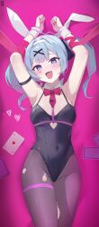 1girl absurdres animal_ears bare_shoulders black_leotard blue_eyes blue_hair blush bow bowtie breasts detached_collar fake_animal_ears hair_ornament halak0000 hatsune_miku highres leotard looking_at_viewer medium_breasts open_mouth pantyhose playboy_bunny rabbit_ears rabbit_hole_(vocaloid) ribbon smile solo teardrop_facial_mark twintails vocaloid x_hair_ornament