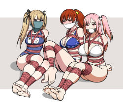 3girls barefoot between_breasts bikini blue_bikini blush breasts brown_hair cleavage cloth_gag dead_or_alive dead_or_alive_xtreme gag gagged green_eyes highres honoka_(doa) improvised_gag jam-orbital kasumi_(doa) large_breasts marie_rose multiple_girls one-piece_swimsuit over_the_nose_gag pink_hair ponytail red_eyes red_hair school_swimsuit shibari side_ponytail sitting swimsuit twintails white_bikini
