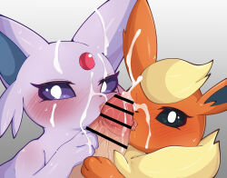 1boy 2girls blonde_hair blush censored creatures_(company) cum ejaculation erection espeon eyelashes fellatio flareon forehead_jewel furry furry_female furry_with_non-furry game_freak gen_1_pokemon gen_2_pokemon highres interspecies licking licking_penis multiple_girls nintendo oral penis pokemon pokephilia samimitan tongue tongue_out