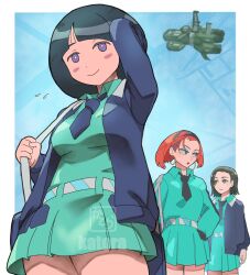 3girls absurdres annqi aqua_shirt aqua_skirt belt black_hair blue_eyes blush blush_stickers bob_cut breasts closed_mouth comoli_harcourt earrings eyeshadow forehead gundam gundam_gquuuuuux hairband highres hoop_earrings jacket jewelry k_katora long_sleeves looking_at_viewer makeup mature_female mole mole_under_eye multiple_girls open_clothes open_mouth red_hair shiiko_sugai shirt short_hair skirt smile yellow_eyes