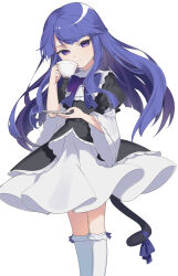 1girl akaneko016 black_dress blunt_bangs cat_tail closed_mouth commentary cup dress expressionless eyelashes floating_hair frederica_bernkastel frills highres holding holding_cup holding_saucer kneehighs lolita_fashion long_hair looking_at_viewer purple_eyes purple_hair saucer signature simple_background socks solo standing tail teacup umineko_no_naku_koro_ni very_long_hair white_background wide_sleeves