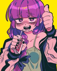 1girl @_@ alcohol_carton bags_under_eyes black_nails black_ribbon blunt_bangs bocchi_the_rock! braid breasts carton dress drinking_straw green_dress hair_over_one_eye hair_ribbon highres hiroi_kikuri holding jacket long_hair long_sleeves looking_at_viewer margare nail_polish off_shoulder open_clothes open_jacket open_mouth purple_hair ribbon sharp_teeth simple_background single_braid solo teeth thumbs_up upper_body yellow_background