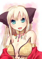 1girl animal_ears bikini blonde_hair blue_gemstone breasts cat_ears cat_girl cleavage commentary_request detached_sleeves gem gold_necklace green_eyes green_gemstone gypsy_(ragnarok_online) jewelry large_breasts long_hair looking_at_viewer necklace nekoparaiso open_mouth pink_background ragnarok_online red_gemstone red_sleeves smile solo strapless strapless_bikini swimsuit upper_body yellow_bikini