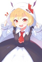 Rule 34 | 1girl, absurdres, black dress, blonde hair, dress, fang, frilled sleeves, frills, highres, looking at viewer, marutoufu, open mouth, red eyes, rumia, rumia (koakuma-like youkai), shirt, short hair, simple background, smile, solo, touhou, touhou lostword, upper body, white background, white shirt