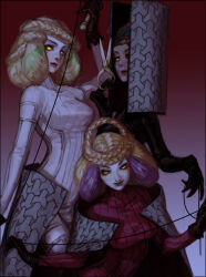3girls atropos_(megami_tensei) black_bodysuit black_gloves blonde_hair bodysuit braid breasts cape clotho_(megami_tensei) gloves glowing glowing_eyes gradient_background holding holding_string lachesis_(megami_tensei) large_breasts multicolored_hair multiple_girls pale_skin red_bodysuit scissors shaliva shin_megami_tensei siblings simple_background sisters smirk string white_bodysuit yellow_eyes