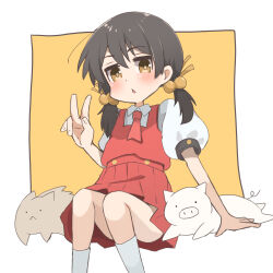 1girl animal ascot black_hair border cat expressionless hair_bobbles hair_ornament highres hon_mirin_(nodaminn) kaai_yuki kyoufuu_all_back_(vocaloid) mob_face open_mouth pig puffy_short_sleeves puffy_sleeves red_ascot red_skirt school_uniform short_sleeves short_twintails skirt socks solo triangle_mouth twintails v vocaloid white_border white_socks yellow_background yellow_eyes