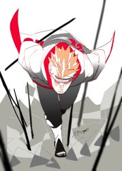 Rule 34 | 1boy, akatsuki uniform, black coat, black nails, black pants, closed mouth, coat, full body, headband, holding, holding polearm, holding weapon, long sleeves, looking at viewer, nail polish, naruto (series), naruto shippuuden, ninja, orange hair, pain (naruto), pants, polearm, rinnegan, short hair, simple background, solo, spiked hair, toenail polish, toenails, weapon, white background, zifletts