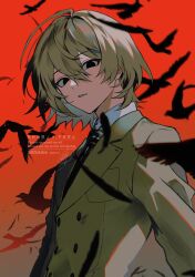 Rule 34 | 1boy, akechi gorou, bird, black feathers, brown hair, brown jacket, buttons, collared shirt, falling feathers, feathers, gradient background, hair between eyes, highres, jacket, long sleeves, looking at viewer, male focus, necktie, parted lips, persona, persona 5, red background, shirt, short hair, solo, three quarter view, upper body, watermark, white shirt, zeka (skzk cm)