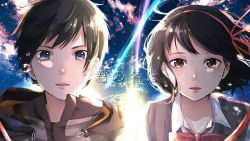 10s 1boy 1girl backlighting black_hair blue_eyes bow bowtie brown_eyes cloud collared_shirt copyright_name falling_star hair_ribbon hood hood_down kimi_no_na_wa. looking_at_viewer meteor miyamizu_mitsuha outdoors portrait red_bow red_bowtie red_ribbon ribbon school_uniform shirt shooting_star short_hair side-by-side sky sweater_vest tachibana_taki tears touse_(02stz_90) white_shirt wind