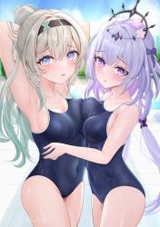 Rule 34 | 2girls, alternate costume, armpits, black hairband, black tiara, blue one-piece swimsuit, blue sky, breasts, castorice (honkai: star rail), commentary request, competition school swimsuit, covered navel, cowboy shot, firefly (honkai: star rail), flower, grey hair, hair flower, hair ornament, hairband, highres, honkai: star rail, honkai (series), lilith shall, long hair, looking at viewer, medium breasts, multiple girls, one-piece swimsuit, pool, poolside, purple eyes, purple hair, school swimsuit, sky, swimsuit, thighs, tiara, wet