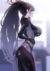 1girl absurdly_long_hair absurdres arm_up ass black_bodysuit black_hair black_halo blue_archive bodysuit breasts from_side hair_tie_in_mouth halo high_ponytail highres large_breasts long_hair looking_at_viewer mouth_hold ponytail rio_(blue_archive) rio_(bodysuit)_(blue_archive) sideways_glance skin_tight solo sweat tying_hair very_long_hair yuki_(asayuki101)