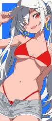 1girl bad_link bikini breasts cape grey_hair hair_over_one_eye highres long_hair medium_breasts open_mouth original red_bikini shorts solo standing stomach swimsuit teeth twintails underboob upper_teeth_only very_long_hair xel4