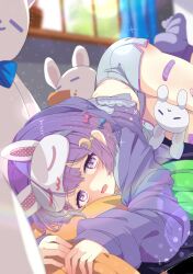 Rule 34 | 1girl, absurdres, animal ears, bandaid, bandaid on leg, blurry, blurry background, blush, bow, cellphone, commission, crescent, crescent hair ornament, dolphin shorts, grey shorts, hair bow, hair ornament, highres, holding, holding stuffed toy, hood, hoodie, indoors, jacket, lens flare, long sleeves, looking at viewer, lying, mask, mask on head, on side, open mouth, original, pajamas, phone, pillow, purple eyes, purple hair, purple jacket, purple shirt, purple shorts, purple socks, shiro9jira, shirt, short hair, short shorts, shorts, sidelocks, skeb commission, sleep mask, sleepwear, smartphone, socks, solo, stuffed animal, stuffed rabbit, stuffed toy, window