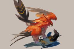 absurdres beak bird commentary_request corvisquire from_side gen_6_pokemon gen_8_pokemon grey_background highres nintendo no_humans open_mouth pecohophop pokemon pokemon_(creature) red_eyes simple_background talonflame talons