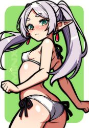 1girl ass bikini blush border breasts butt_crack clenched_hands closed_mouth commentary covered_erect_nipples cowboy_shot earrings elf english_commentary eyelashes frieren green_background green_eyes grey_hair highres jewelry long_hair looking_at_viewer minx_art parted_bangs pointy_ears side-tie_bikini_bottom small_breasts solo sousou_no_frieren swimsuit thick_eyebrows thighs twintails wavy_mouth white_bikini white_border white_hair