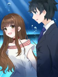 1boy 1girl alternate_costume arms_behind_back black_suit blue_eyes blue_necktie blush brown_eyes brown_hair choker commentary_request dress fate/extra fate/grand_order fate_(series) formal_clothes fujimaru_ritsuka_(male) height_difference highres kishinami_hakuno_(female) kishinami_hakuno_(female)_(mooncancer) long_hair long_sleeves looking_at_another necktie official_alternate_costume open_mouth profile red_choker short_hair smile suit umeboshi_disk white_dress