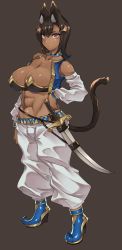 1girl abs ancient_egyptian animal_ears arabian_clothes breasts brown_hair cleavage dark-skinned_female dark_skin detached_sleeves erect_sawaru female_focus highres large_breasts red_eyes solo sword tail weapon
