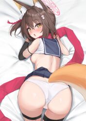 1girl absurdres animal_ear_fluff animal_ears ass ass_focus blue_archive blush breasts brown_hair clothes_lift commentary dairiseki fox_ears fox_girl fox_hair_ornament fox_tail hair_between_eyes hair_ornament halo highres huge_ass izuna_(blue_archive) looking_at_viewer medium_breasts nipples one_side_up open_mouth panties pink_halo pink_scarf pom_pom_(clothes) pom_pom_hair_ornament rope scarf shimenawa short_hair skirt skirt_lift solo symbol-only_commentary tail thighs underwear white_panties yellow_eyes