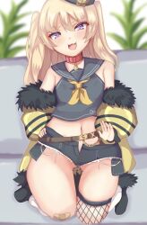 1girl :3 azur_lane bache_(azur_lane) bandaid bandaid_on_knee bandaid_on_leg black_hat black_sailor_collar black_shirt black_shoes black_shorts breasts fishnet_thighhighs fishnets fur-trimmed_jacket fur_trim hand_on_own_hip haruna_chino hat jacket lap_pillow_invitation long_hair looking_at_viewer navel open_fly open_mouth purple_eyes sailor_collar shirt shoes short_shorts shorts small_breasts smile socks solo thighhighs twintails very_long_hair white_socks