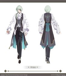 0jae 1boy anaxa_(honkai:_star_rail) ascot back back_bow belt black_belt black_pants black_shoes black_vest blue_bow blue_eyes blue_vest border bow bowtie buttons chain character_name closed_mouth coattails commentary_request crossed_bangs earrings english_text eyepatch full_body gold_chain gold_ring green_hair grey_border hair_between_eyes hair_ornament high_heels highres honkai:_star_rail honkai_(series) jewelry korean_commentary lapels long_hair long_sleeves looking_at_viewer low_ponytail multicolored_eyes multiple_rings multiple_views pants pink_pupils ponytail puffy_long_sleeves puffy_sleeves purple_eyes ring shirt shoes simple_background single_earring standing thigh_belt thigh_strap twitter_username two-sided_vest vest white_ascot white_background white_bow white_bowtie white_shirt