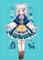 Rule 34 | 1girl, :o, absurdres, animal ear fluff, animal ears, aqua background, aqua eyes, aqua streaks, blue bow, blue capelet, blush, blush stickers, boots, bow, braid, braided twintails, brown boots, capelet, commentary request, dress, floral print, frilled dress, frills, full body, grey hair, hair bow, hair ornament, highres, ibispaint (medium), long hair, long sleeves, looking at viewer, medium dress, multicolored dress, multicolored hair, napo (napo illust), original, parted lips, print dress, shirt, simple background, solo, standing, straight-on, streaked hair, twintails, very long hair, white shirt