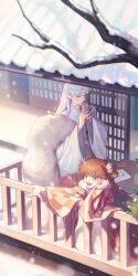 Rule 34 | 1boy, 1girl, absurdres, branch, brown hair, checkered clothes, checkered kimono, cup, flower, gootai, hair flower, hair ornament, highres, holding, holding cup, inuyasha, japanese clothes, kimono, long hair, open mouth, outdoors, rin (inuyasha), sesshoumaru, smile, snow, upper body, white hair, white kimono