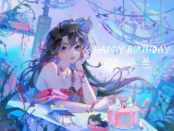 1girl bare_shoulders black_hair box bracelet cake changmao dress earrings flower food gift happy_birthday highres jewelry long_hair looking_at_viewer necklace original parted_lips plant purple_eyes solo