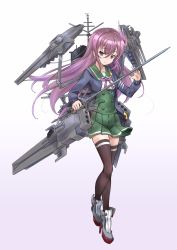 Rule 34 | 1girl, adapted costume, brown hair, brown thighhighs, crescent, crescent pin, full body, green sailor collar, green skirt, hair ornament, highres, kantai collection, kisaragi (kancolle), long hair, looking at viewer, machinery, minosu, neck ribbon, original remodel (kantai collection), pink ribbon, purple eyes, ribbon, sailor collar, school uniform, serafuku, simple background, skirt, solo, sword, thighhighs, torpedo launcher, weapon, white background
