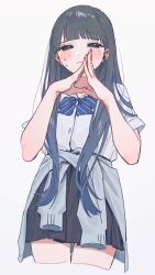Rule 34 | 1girl, absurdres, black hair, black skirt, blue bow, blue bowtie, blunt bangs, blush, bow, bowtie, cardigan, cardigan around waist, clothes around waist, commentary request, cropped legs, diagonal-striped bow, diagonal-striped bowtie, diagonal-striped clothes, grey cardigan, hamafugu, highres, long hair, looking at viewer, mole, mole under eye, original, own hands together, shirt, short sleeves, simple background, skirt, solo, steepled fingers, straight hair, striped clothes, sweatdrop, thighs, very long hair, white background, white shirt