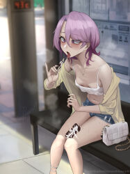 1boy armpit_crease asymmetrical_bangs bag blonde_hair blurry blurry_background bulge collarbone crop_top crossdressing day denim denim_shorts feet_out_of_frame food hair_between_eyes hair_over_one_eye hand_up highres holding holding_food holding_popsicle ikemeru19 jacket knees_together_feet_apart legs male_focus male_with_breasts medium_hair micro_shorts mixed-language_commentary navel open_clothes open_jacket original outdoors paid_reward_available popsicle purple_eyes purple_hair sexually_suggestive shorts shoulder_bag sitting stomach sweat sweatdrop swept_bangs tank_top thighs tongue tongue_out white_tank_top