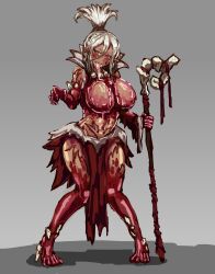 1girl breasts commentary_request drooling facial_tattoo full_body ghoul_(monster_girl_encyclopedia) gloves grey_hair highres holding holding_weapon jewelry large_breasts looking_at_viewer monster_girl monster_girl_encyclopedia necklace pointy_ears popped_collar red_eyes simple_background skirt slit_pupils solo staff standing stomach tattoo tongue tongue_out tribal udetamago undead updo weapon zombie