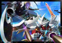 Rule 34 | 2boys, arm blade, bakeneko38, battle, beelzebumon, black jacket, black pants, black shirt, blonde hair, bullet, clenched teeth, commentary request, demon boy, digimoji, digimon, digimon (creature), dual wielding, eye mask, glint, gun, highres, holding, holding gun, holding weapon, jacket, jesmon, multiple boys, open clothes, open jacket, pants, red eyes, sharp teeth, shirt, spikes, teeth, third eye, translation request, watermark, weapon